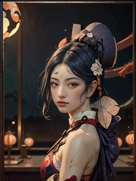 (Ukiyo-e:1.9)、woodblock print、woodblock print、otherscape、SF、Space Opera、(Beautiful woman、Soldier)、Black clouds gather、Detailed face、Beautiful Eyes、Elegant garments、Intricate floral pattern、Delicate skin、Natural light、A calming color palette、Soft Focus、mast...