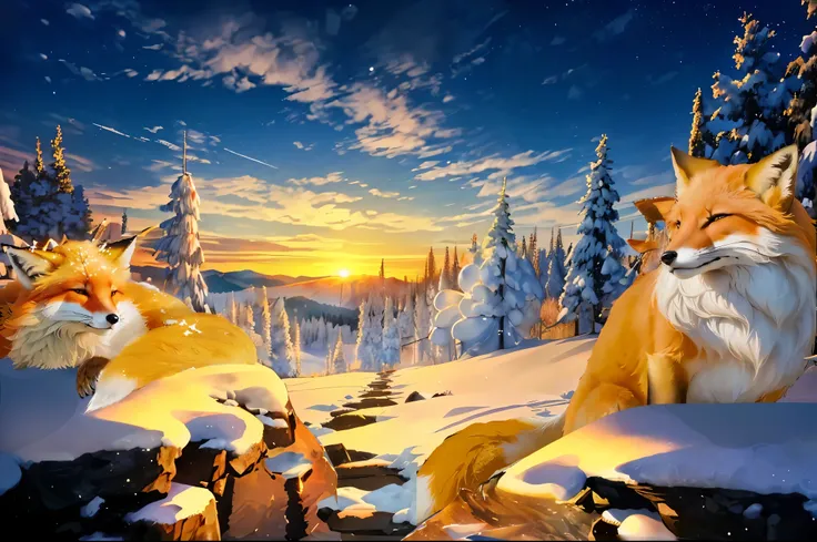 (masterpiece, highest quality, (Highly detailed CG synthesis 8k wallpaper), (highest quality), (Best illustrations), (Best Shadow),),( Snow Mountainの朝の映画のような日光、Bright and warm sun rays、Fresh shallow stream of clear blue color、 Snow Mountain,朝焼けに照らされるSnow M...