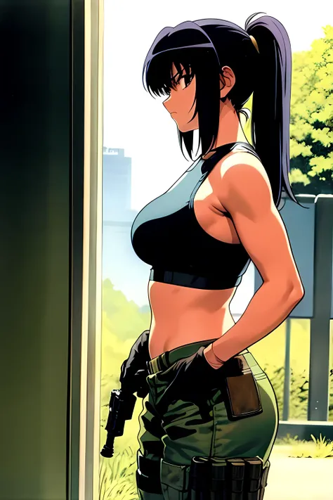 masterpiece, best quality, anime 1990s (style, leona heidern, bra, short, bullet vest., jungle, tactical, pony tail, serious, cammo, army, soldier