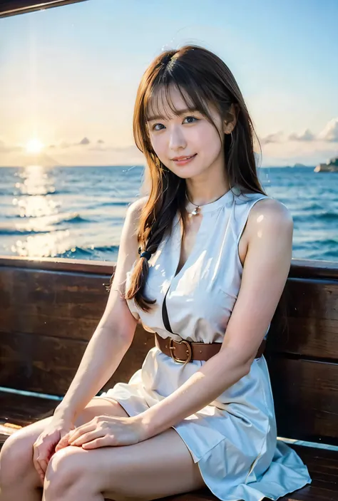 The sea is sparkling、I see the Statue of Liberty、Braided hair only for the bangs、Light brown hair、mullet hairstyle、Blue Eyed Woman、A woman with a cute upward gaze、When the sky gets dark、The sky turns red as the sun sets、Tight clothing that shows your body ...