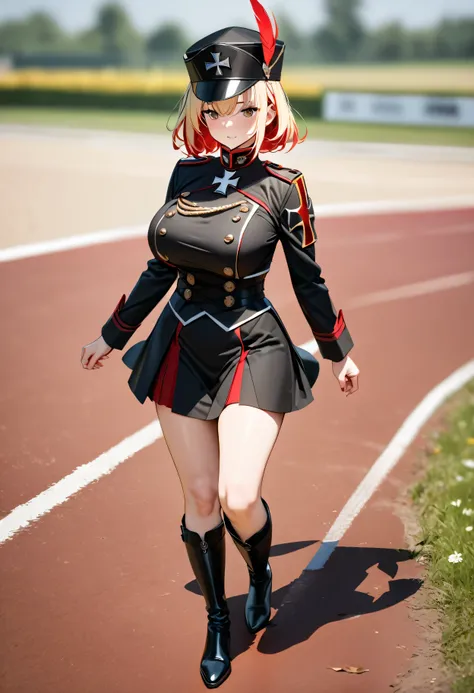 a woman wearing a black martial band uniform with red details, iron cross symbol on the uniform, short black skirt, black metal ...