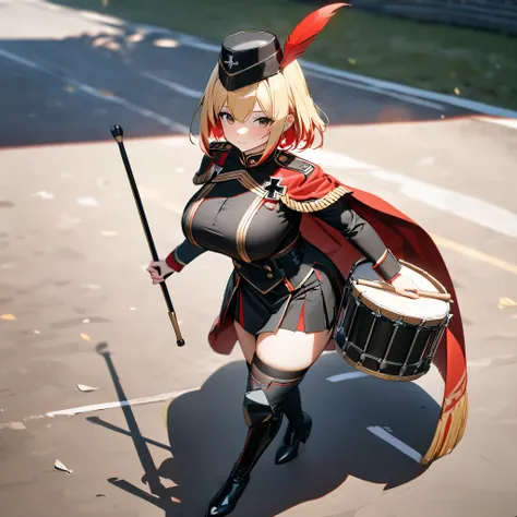 A woman wearing a black martial band uniform with red details, iron cross symbol on the uniform, short black skirt, black metal boots, black martial band hat with a large red feather, wearing a red cape, playing the martial drum band with a drumstick, big ...