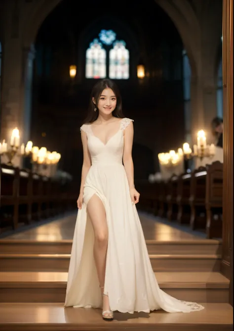 Beautiful 25 year old  skinny woman。She is wearing a summer wedding dress. She is walking and her legs crossed and one leg is visible. She is shying and smiling in the church. She is illuminated by sunset. the evening church lights is on . her black hair. ...