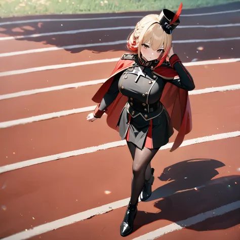 A woman wearing a black martial band uniform with red details, iron cross symbol on the uniform, short black skirt, black metal boots, black martial band hat with a large red feather, wearing a red cape, big breasts, short blonde hair, red bangs, multicolo...