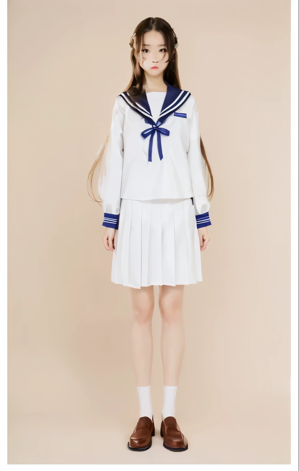 A woman wearing a sailor suit,Slender body,Long Hair,Hair is not tied,Brown Loafers,White socks,photograph,8K,highest quality,Best details,Navy Blue Skirt,Cream colored hair