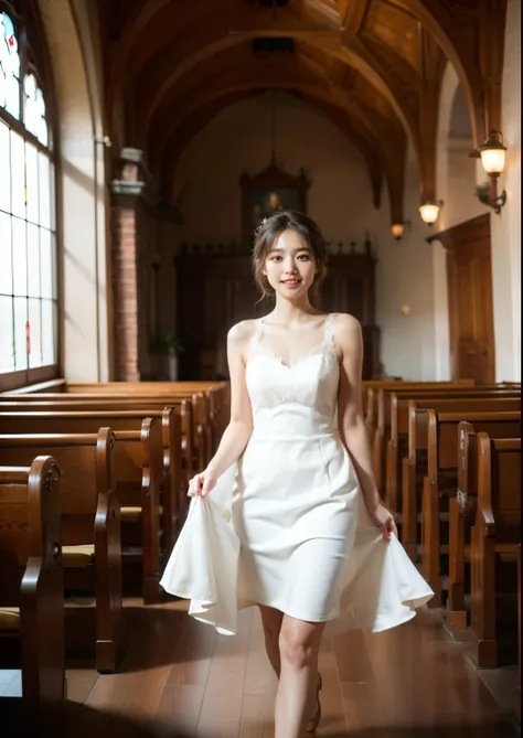 Beautiful 25 year old  skinny woman。She is wearing a summer wedding dress. She is walking and her legs crossed and one leg is visible. She is shying and smiling in the church. She is illuminated by sunset. the evening church lights is on . her black hair. ...