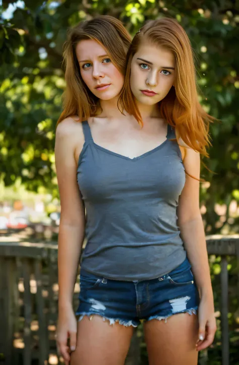 2heads, two headed girl, (a 12 year old girl and a 15 year old girl:1.5), (uncomfortable and annoyed:1.2), (a redhead and a blonde:1.3), City background 