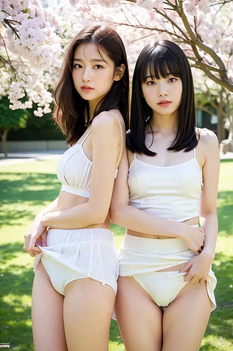 Two girls standing in a schoolyard with cherry blossoms in full bloom,White school swimsuit,bangs,A small smile,Thighs,knees,From below,Front light,10 years old,Short hair with bangs、Straight Bob Hair, (Long white silk camisole、White panties)、(slim)、((Are ...