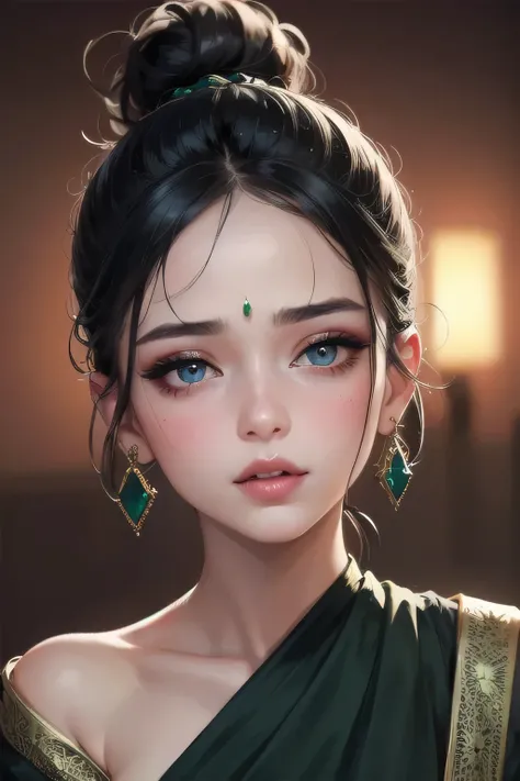  Amazing portrait of a sexy woman with a beautiful face emphasized by amazing makeup and beautifully detailed eyes with perfect lips wearing her black hair in a messy bun blushing intensely as shes flustered and lustful wearing some elegant earrings and a ...