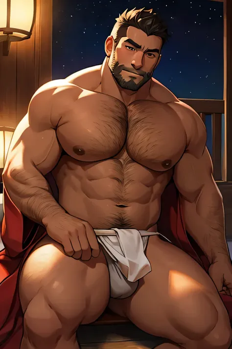 male, (full nude, only kimono, only fundoshi,) muscular, hairy, blush, middle aged man, Sitting on the floor, realistic, night,