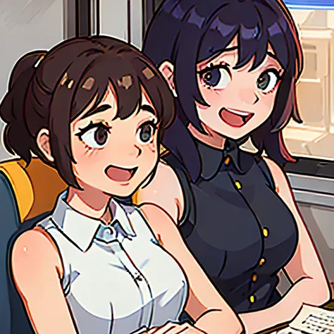 2girls, (uniform, sleeveless:1.3), (laugh:1.3), (huge boobs:0.8), train