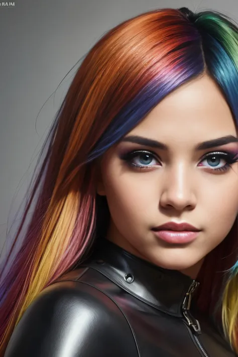 Photo of a captivating Latina girl, raw, Anime-inspired waifu, (Vibrant rainbow-colored hair), ((Portrait)), ((Detailed face:1.2)), ((highly detailed facial features, hyper-realistic eyes with a bold brown hue)), adorned in a sleek black latex dress, ((E-g...