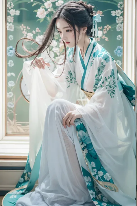 Best quality，masterpiece，Real photography，Official Art，Perfect girl，Professional photography，Photographic pose，Blue and white porcelain style Hanfu