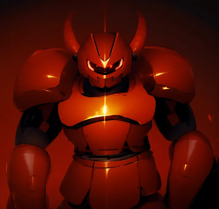 Robot, red mono eye, red body, high quality, golden horns on head, heavily armored,Robot, red mono eye, red body, high quality, golden horns on head, heavily armored, reddish-black shoulders, arm armor is an austere shade, sunset background,