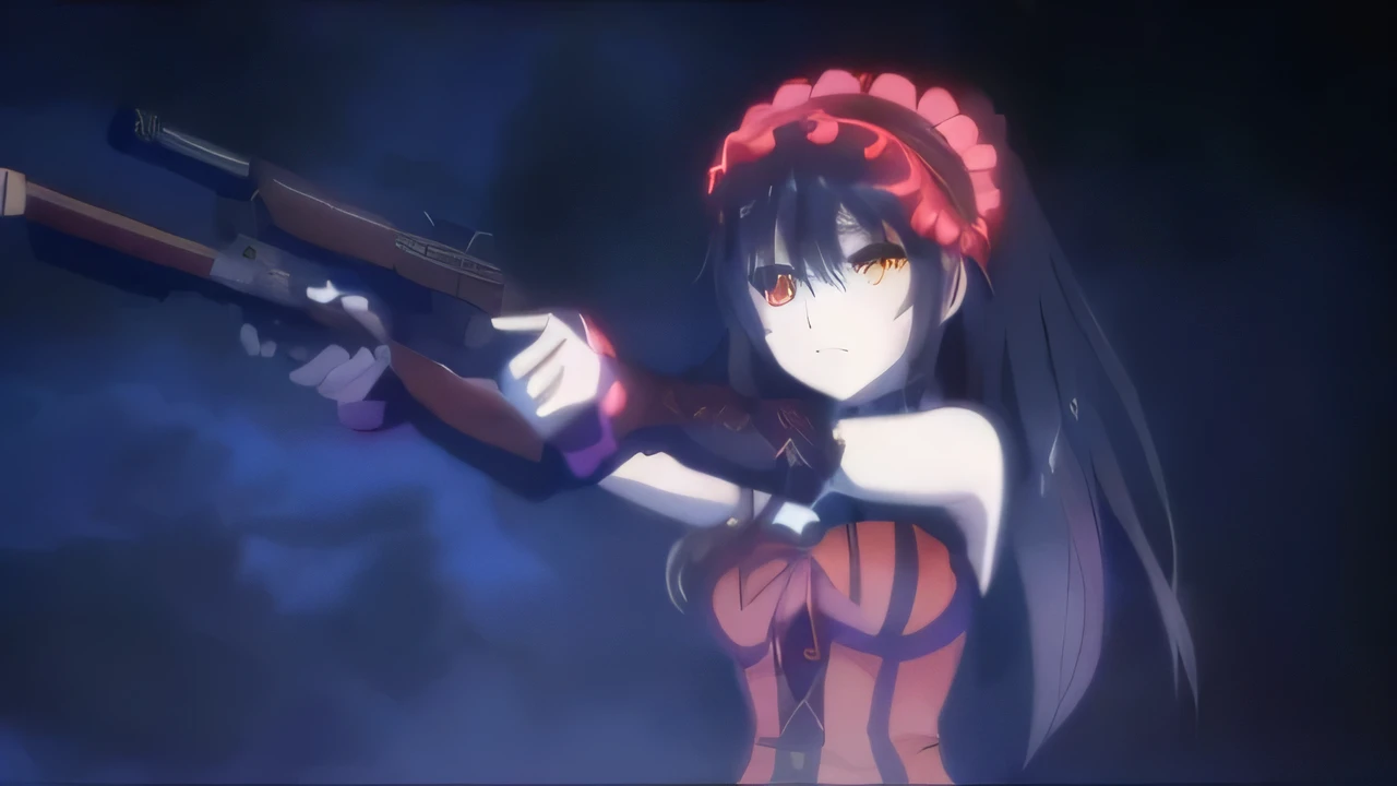 Anime girl holding a gun, Gapmoe Yandere Grimdark, Bloodstained, Rin Tohsaka, gapmoe yandere, Railgun, Anime Machine Gun Shooting, yandere, Reimu Hakurei, Noir Moody Scene, From the Azur Lane video game, yandere intricate, Tear from Overlord