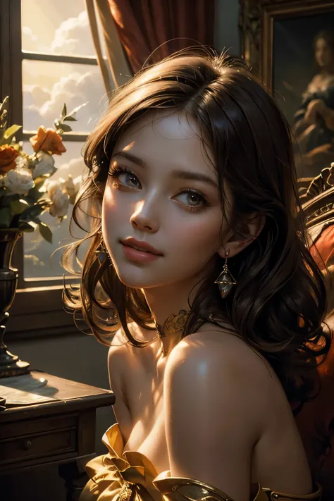 A stunning woman, poised with grace and beauty, dives between ethereal clouds in a captivating oil painting, reminiscent of the Renaissance era (Masterpiece: 1.2) (Best Quality, 4K, 8K, High Resolution). This exquisite masterpiece boasts ultra-detailed eye...