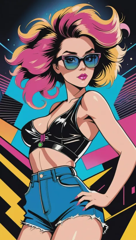 Create an ultra HD T-shirt design featuring a retro-style painting of an iconic 80s singer. The singer should be depicted wearing stylish, oversized sunglasses characteristic of the 80s fashion. Her hair should be big and voluminous, capturing the essence ...