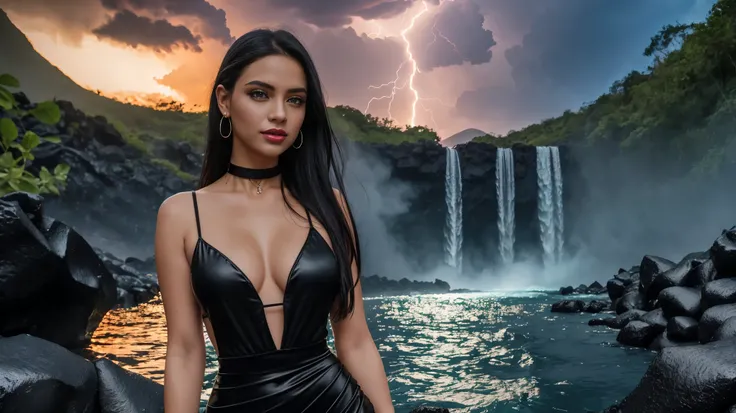 Ray tracing, 8k resolution, wallpaper, masterpiece, photo realistic, realism, (jungle), (ICE), (lava), volcano, beach, sunset, (waterfalls), waves, (lightning), thunderstorm, realistic lightning
Standing in the waterfalls 
(Portrait girl), 1 pretty Europea...