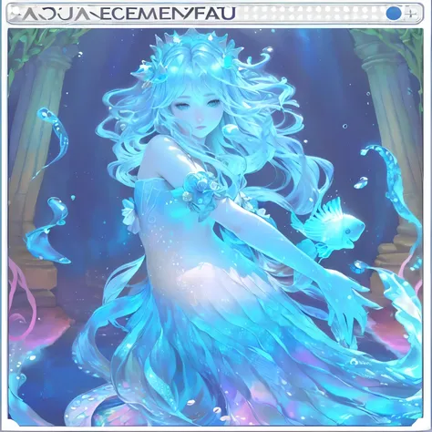 the image of a card with the image of a mermaid holding a fish, jellyfish priestess, iridescence water elemental, water fairy, altamente detalhado + tarot card, colorful illustration, inspirado em Miho Hirano, fantasy closeup with water magic, luminous wat...