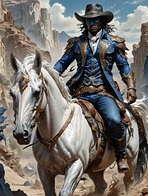 a Cowboy stuck in the Wild West, with black hero mask, blue shirt, blue pants, white cowboy hat, White horse, masterpiece,kbak style,epic,8k,cinematic,trending on artstation and deviantart,ultra detailed