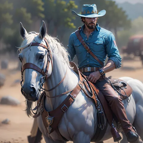 a caucasian Cowboy stuck in the Wild West, with hero mask over eyes, blue shirt, blue pants, white cowboy hat, White horse, masterpiece,kbak style,epic,8k,cinematic,trending on artstation and deviantart,ultra detailed