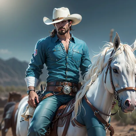 a caucasian Cowboy stuck in the Wild West, with hero mask over eyes, blue shirt, blue pants, white cowboy hat, White horse, masterpiece,kbak style,epic,8k,cinematic,trending on artstation and deviantart,ultra detailed