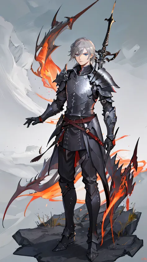 "On a burning battlefield, a young warrior stands ready for combat. He wields a black sword in one hand and is clad in black armor. The design of his armor and sword features motifs of black feathers. He has gray hair and piercing blue eyes. At his feet, a...