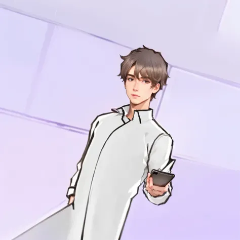 A man in a white shirt、Cartoon drawing of a man holding a mobile phone, Wearing a white coat的狐狸, He holds a smartphone, Cartoon shading art style, Thin male fantasist, Standing in a futuristic laboratory, Wearing a white coat, Adult cartoon animation, Half...