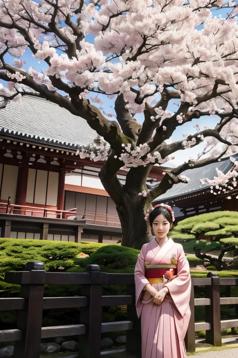 Kyoto temple　Maiko posing　Cherry tree in full bloom　tourist