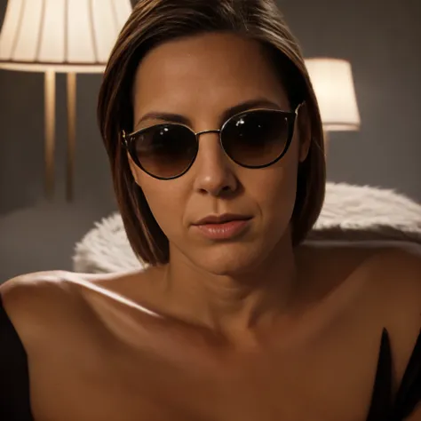 social maffia, bureau, Tinder photo of lawyer (Woman LaGermania) with black sunglasses, extrem light from lamp, dark room