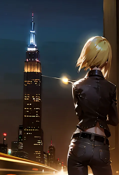 (Parasite Eve(Aya Brea short blonde hair leather jacket jeans))(Background American cityscape Empire State Building Beautiful lights at night)