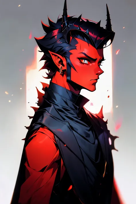 Tiefling d&d ref sheet, black, anime spiky, slick back short hair, half mask. tsundere goth vibe, long curly horns, black sclera and red bright eyes, gold piercings, noble feel, ad like, rpg character art, profile art, using fur collar, half lower mask, Re...