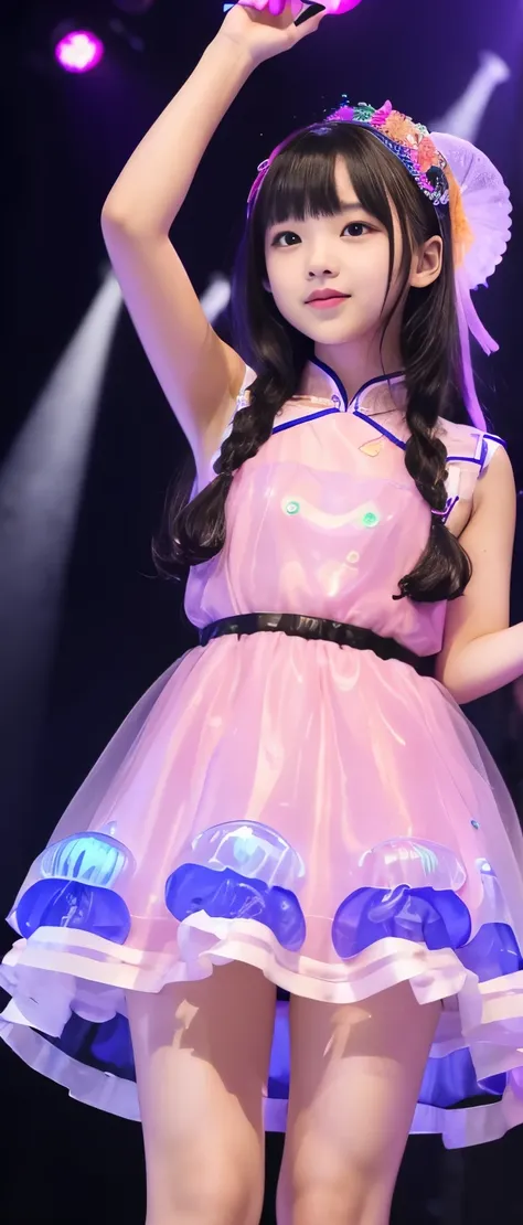 A pure idol girl covered in jellyfish、whole body、Good style、、、、、、、Colorful jellyfish covered mini Chinese dress（Glowing、Sleeveless）、、、Tanned thick legs、Night stage、、Jellyfish shaped light