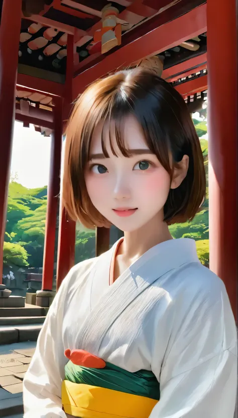 RAW Photos、Realistic、Ultra-Real、One Girl、cute、Duck mouth、Dimples、Ultra-detailed face and skin texture、Hair tied in a single bundle、Short Hair、Long sleeve T-shirt、hot pants、Japanese Buddhist Temples、Gravel grounds、Stroll around the temple grounds、Wabisabi、C...