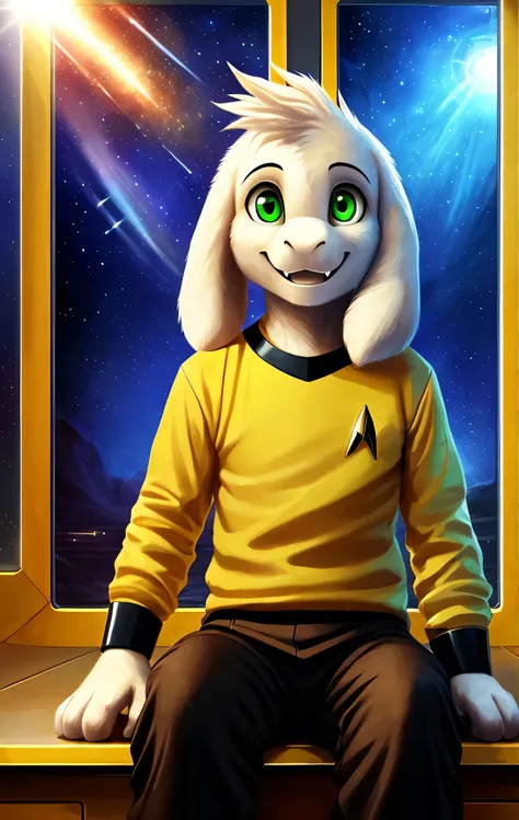 1boy,(( )),, pants, solo, kid, teen, sit, backlit, artistic composition,, inside the star trek enterprise, halo, dramatic, dynamic pose, smiling, happy, great composition, intricate flower designs, adorable, (yellow shirt with black cuffs, brown pants), (b...