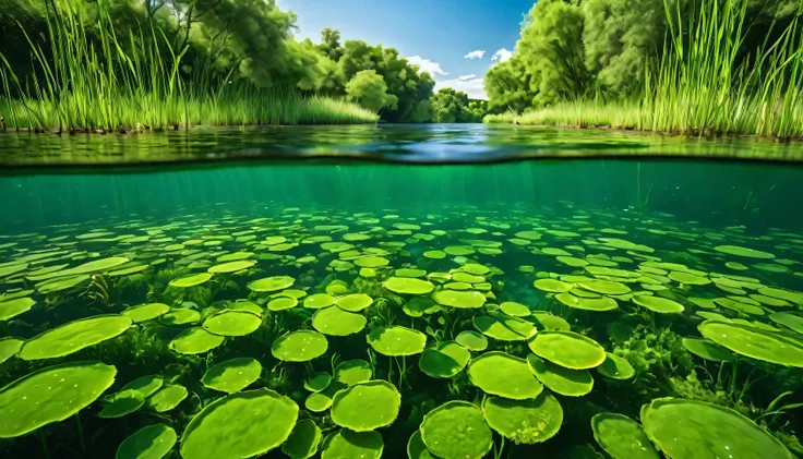 a photopractical scene of a river with fresh clean water, a unique marine fish that swims underwater, the surrounding area is fu...