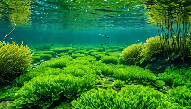 a photoPractical scene of a river with fresh clean water, A unique marine fish that swims underwater, The surrounding area is full of lush green algae and tall reeds., River cross section，Trees line both sides of the river, (best quality,4k,8K,High resolut...