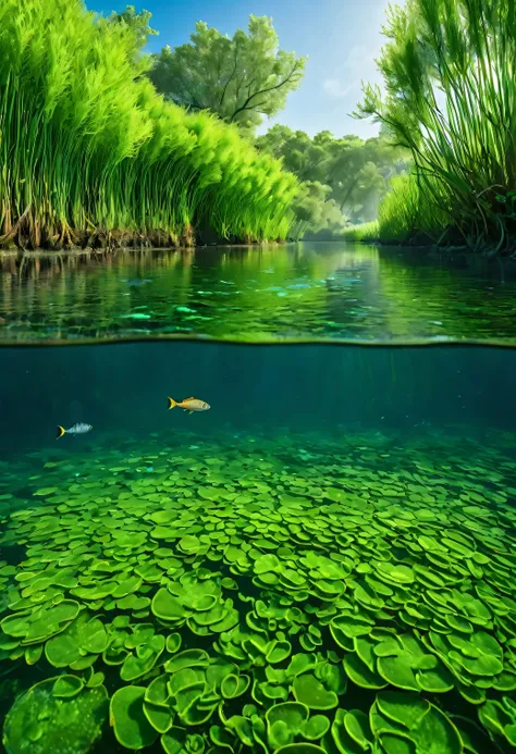 a photoPractical scene of a river with fresh clean water, A unique marine fish that swims underwater, The surrounding area is full of lush green algae and tall reeds., River cross section,Trees line both sides of the river, (best quality,4k,8K,High resolut...