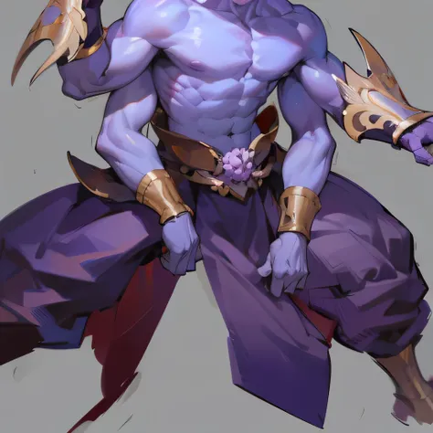 White-haired teenager，Purple Skin，Naked upper body，Four hands，Huge horns，No pupil，Handsome boy