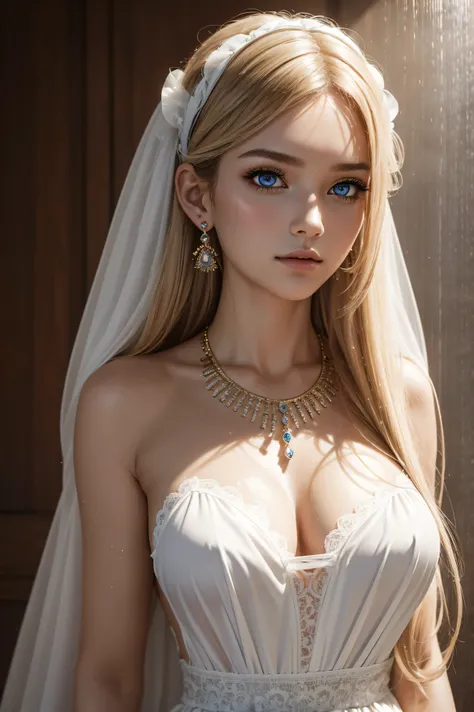 8K, ultra hd, masterpiece, portrait April Summers, detailed eyes, very long hair, impressive hairstyle, earings, necklace, see-through, maid costume, Light-colored foundation brings out the, against the background of the shower.