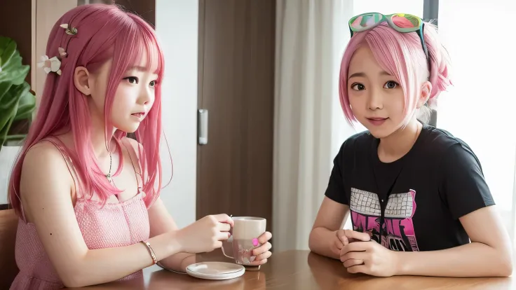 Being interviewed、girl、cute、Pink Hair、Upper Body、Wearing a dress、