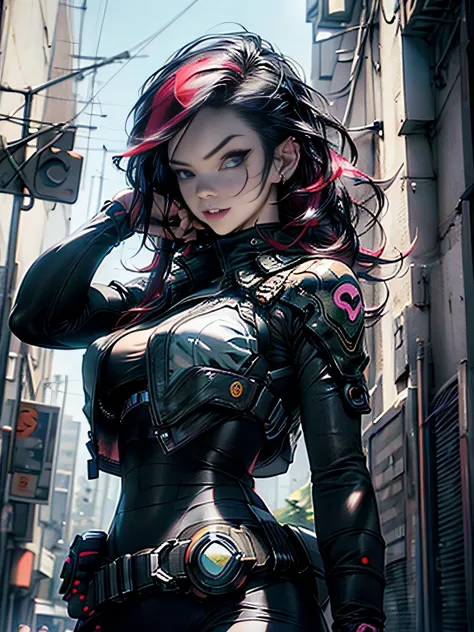 (best quality, best resolution), ((Perfect masterpiece), (incredibly detailed: 1.4), 3d, Beautiful futuristic cyberpunk girl, incredibly huge extremely huge , showing cleavage, Numerous tattoos and piercings, Very long red hair with shaved mohawk hairstyle...