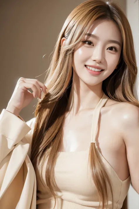 Korean, beauty, K-pop, long hair, Portraiture, actress, model, Idol, one person, Delicate and highly functional, High resolution, smile, teeth, Studio shot, lighting, Beige Hair