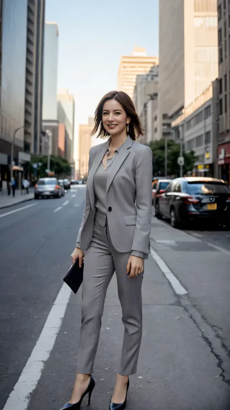 (8k, RAW Photos, highest quality, masterpiece: 1.2), (Realistic, photoRealistic: 1.37), 1 Woman in a suit standing on the sidewalk, Cityscape, Day, Sunny Morning, Professional Lighting, Photon Mapping, Radio City, Brazilian Women, Torn, shirt, Woman in a s...