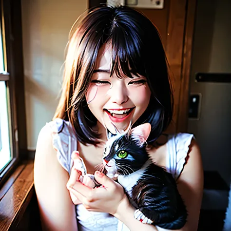 RAW photo, 8K, realistic, (1girl, cat), (laugh:1.2)