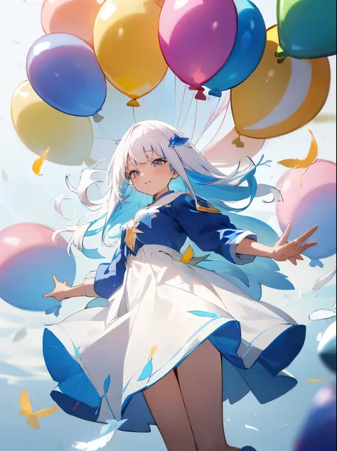 girl，Long white hair，blue eyes，(Lots of balloons)，(Lots of balloons)，(Brightly colored balloons)，floating，Jump，colorful，smile，Flowers fluttering，Birds are flying，Feathers fluttering，magic，Shine，Sparkling，Fluffy skirt