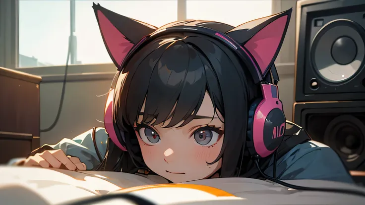 Room with speakers、Cat with headphones、Close-up of face