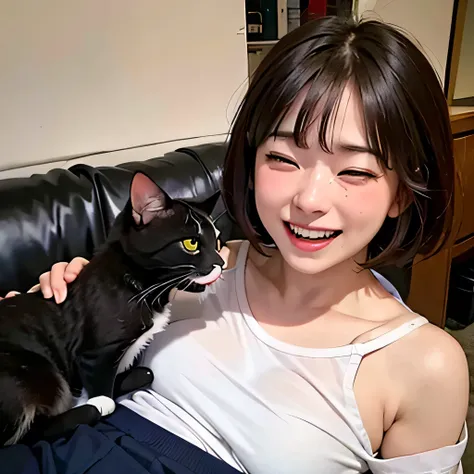 RAW photo, 8K, realistic, (1girl, cat), (laugh:1.2)