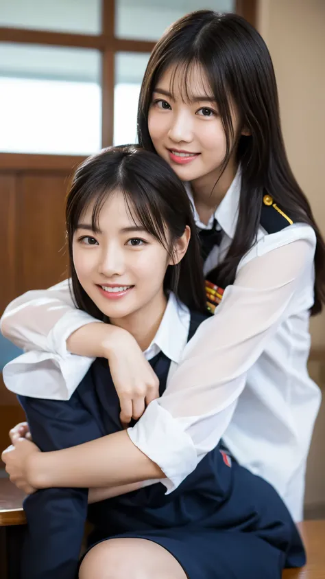 Love Student, Two female students in uniform, Lesbian couple, Tall and thin, beautiful, Alumni Association, classmate，The best smile:1.5，