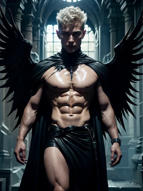 Photo-realistic, ((best quality)), ((masterpiece)), (detailed), shirtless, Azrael, masculine portrait of young personification of the angel of death,18-year-old male models, portraying death, angel of death as a guy,(huge balck Majestic dark angel wings ) ...